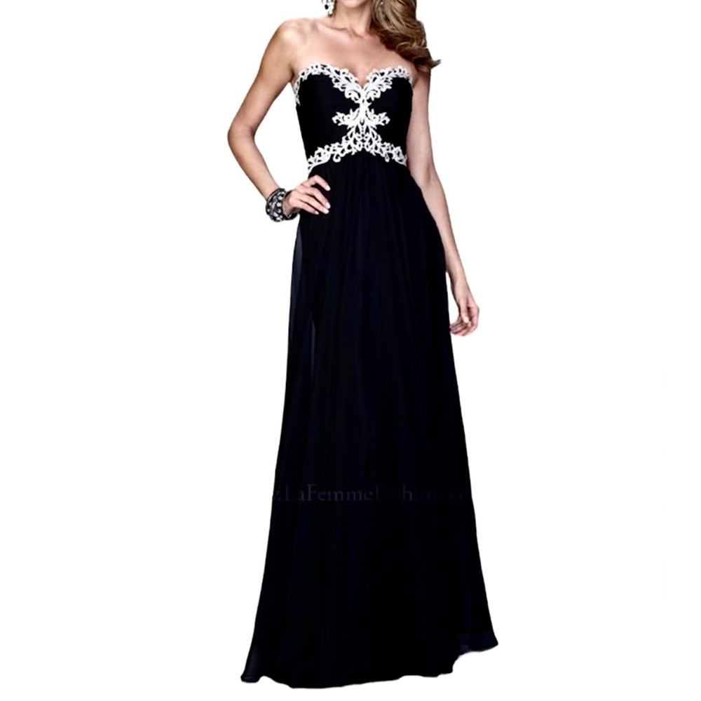LA FEMME Black Metallic Embroidered Strapless Gown NEW Size 4 Dress
